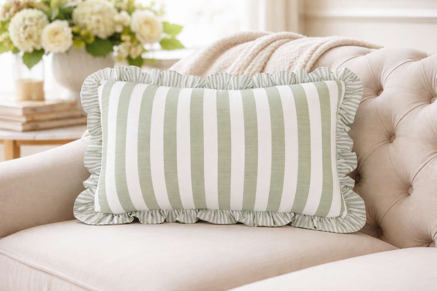 Green Double-Sided Striped Ruffle 12"X20" Throw Pillow