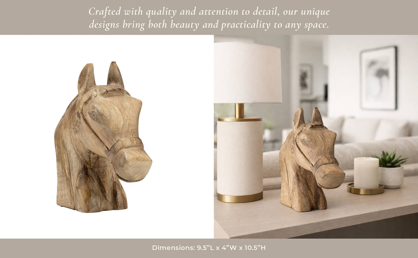 Figurine - Brown Wood Modern Handcrafted Horse Head, 11 in.