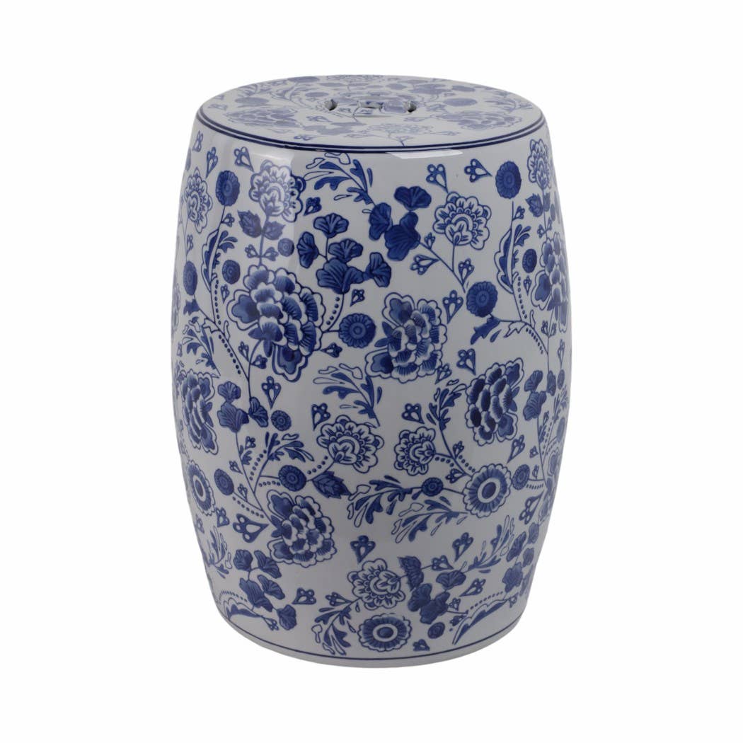 Stool - Blue Ceramic Elegant Hydrangea Chinoiserie, 18 in.