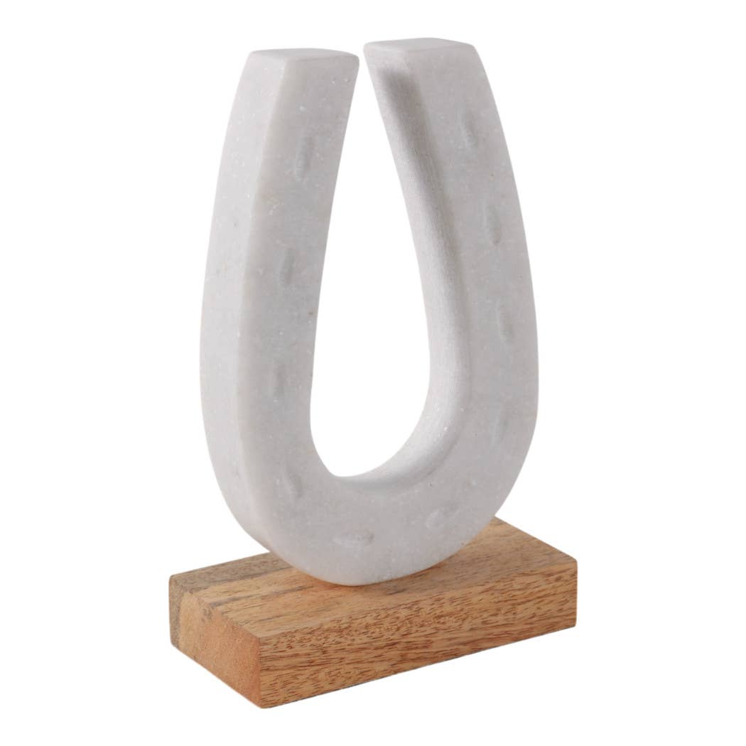 Figurine - White/Brown Marble Horseshoe on Wood Base, 8 in.