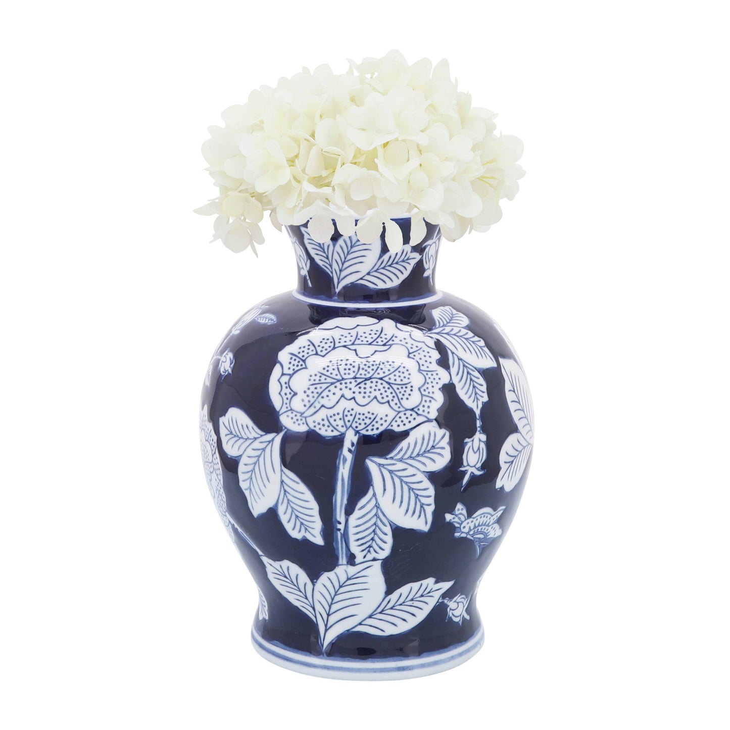 Decorative Vase - Blue Ceramic Floral Chinoiserie, 9 in.