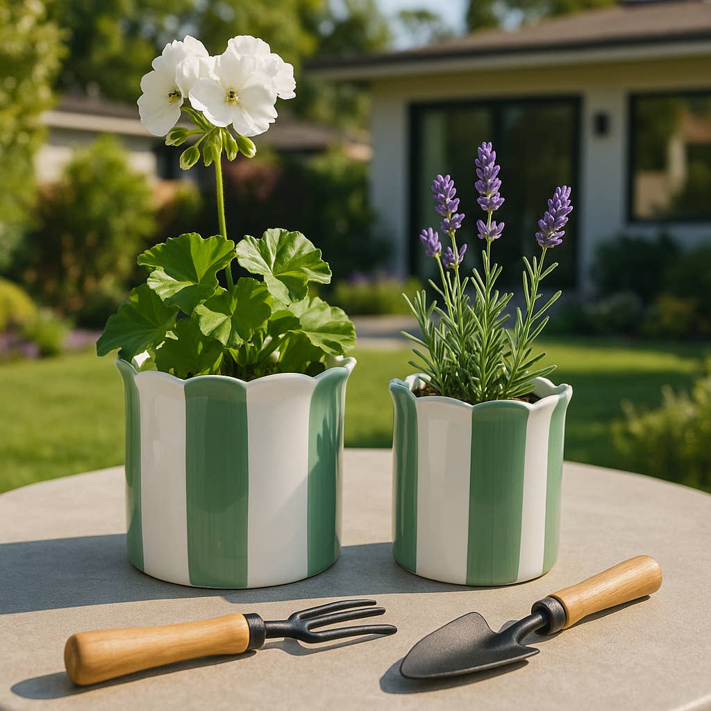 Planters - Green/White Ceramic Striped, 6/8 in.
