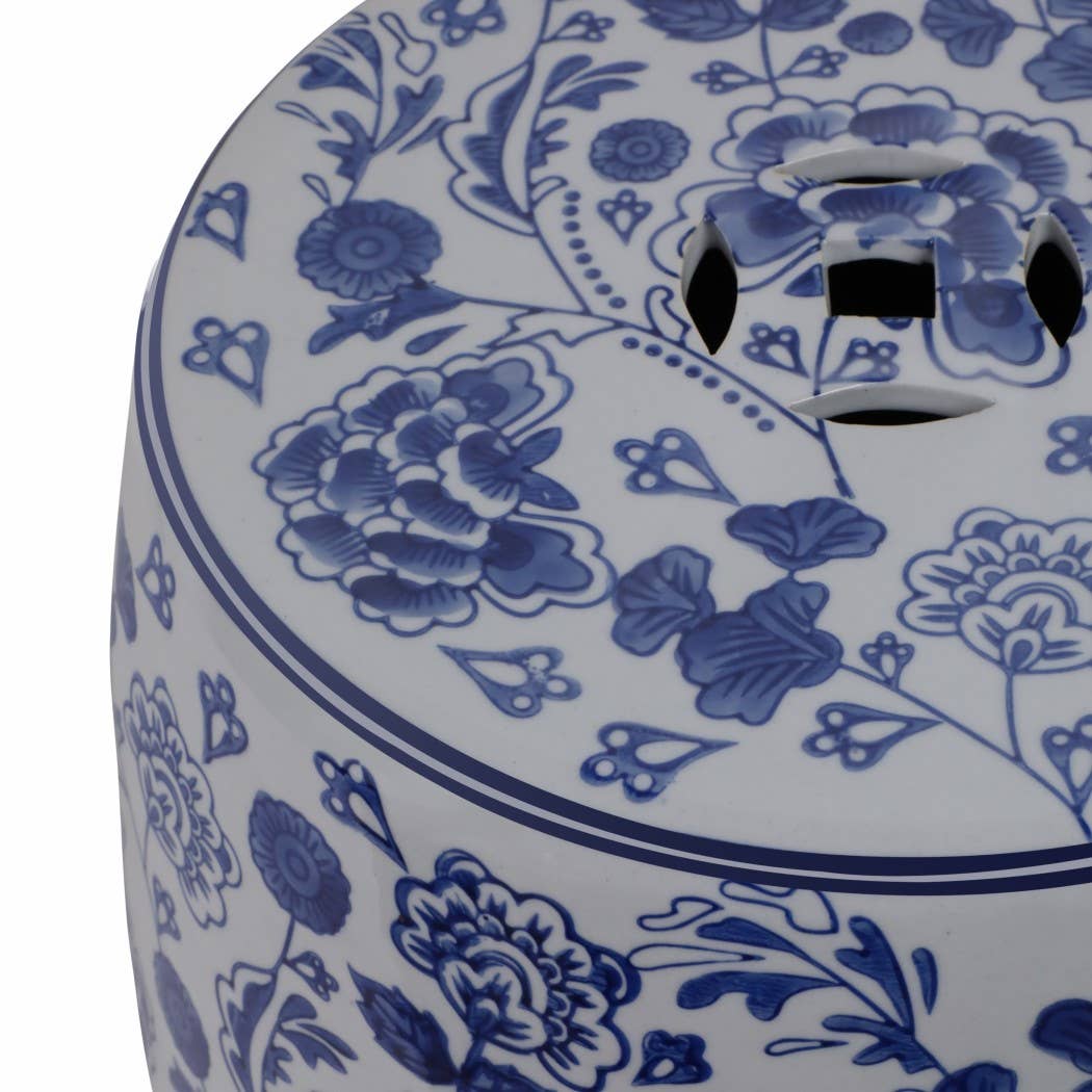 Stool - Blue Ceramic Elegant Hydrangea Chinoiserie, 18 in.