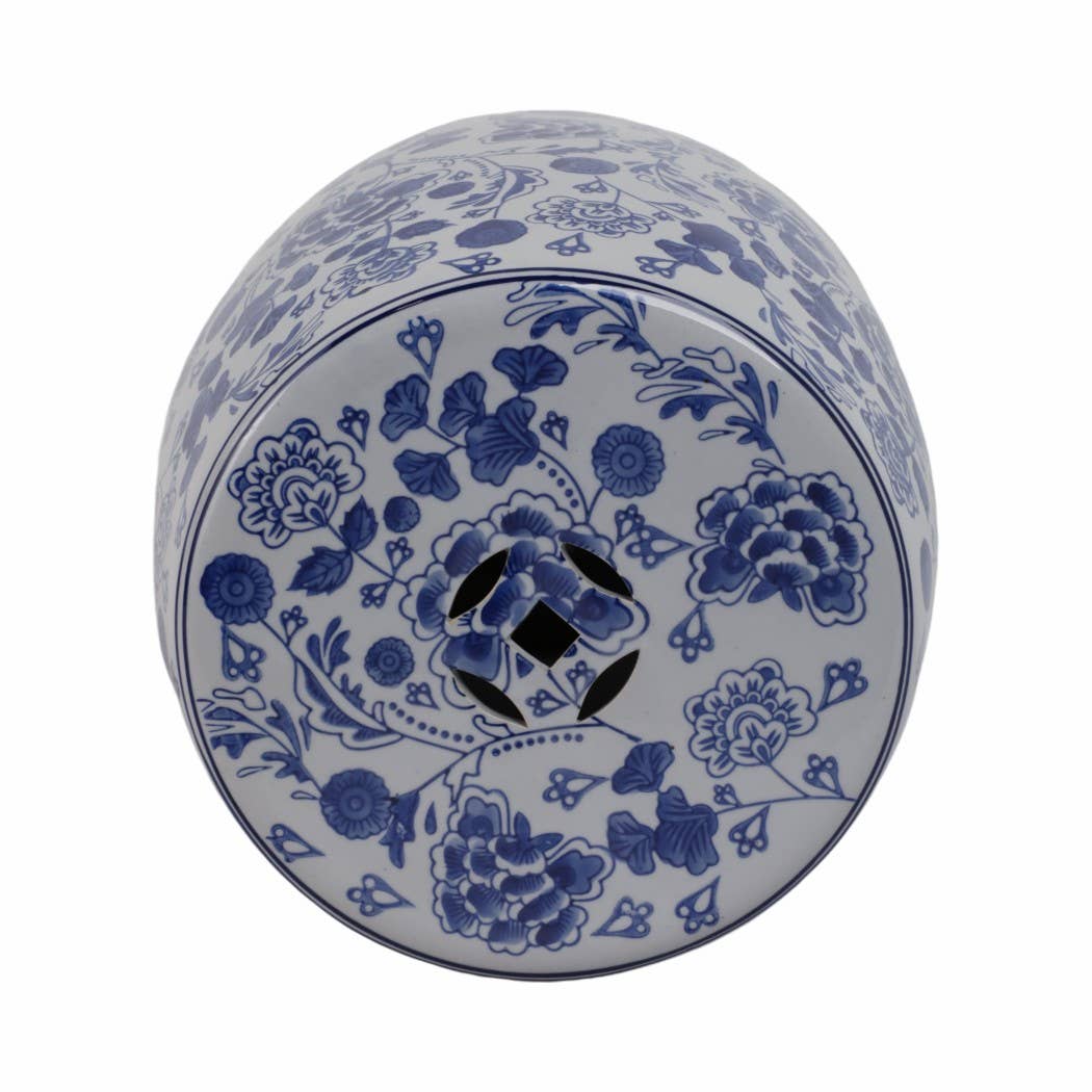 Stool - Blue Ceramic Elegant Hydrangea Chinoiserie, 18 in.