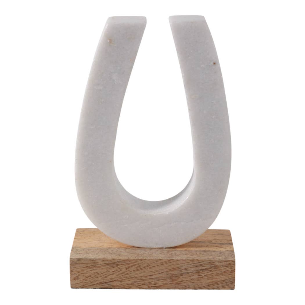 Figurine - White/Brown Marble Horseshoe on Wood Base, 8 in.