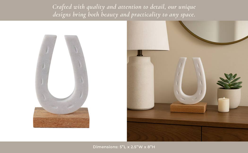 Figurine - White/Brown Marble Horseshoe on Wood Base, 8 in.