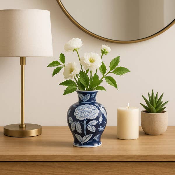 Decorative Vase - Blue Ceramic Floral Chinoiserie, 9 in.