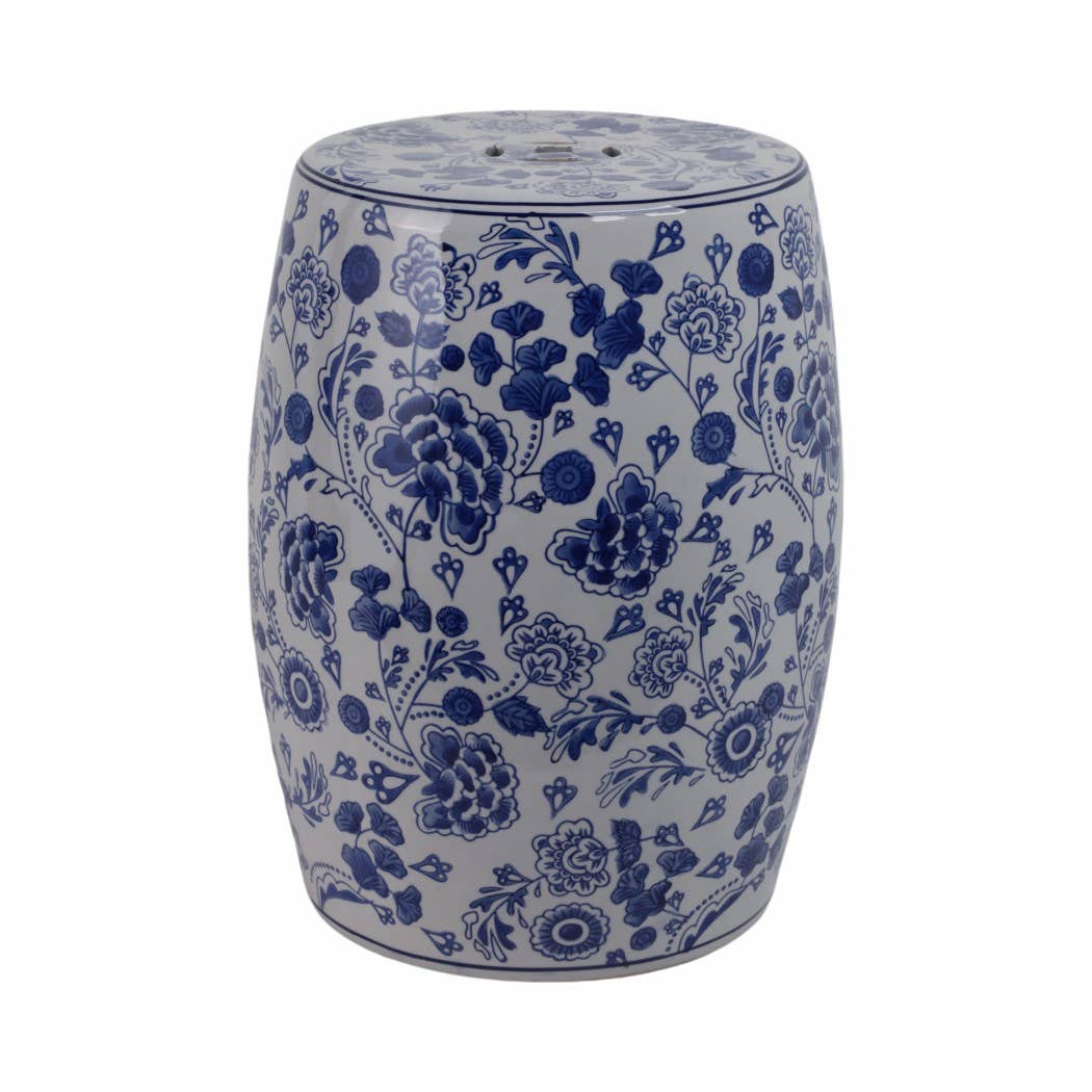 Stool - Blue Ceramic Elegant Hydrangea Chinoiserie, 18 in.
