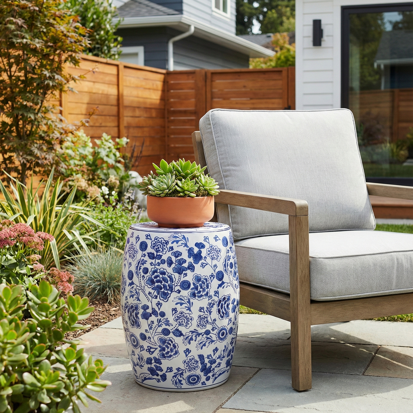 Stool - Blue Ceramic Elegant Hydrangea Chinoiserie, 18 in.